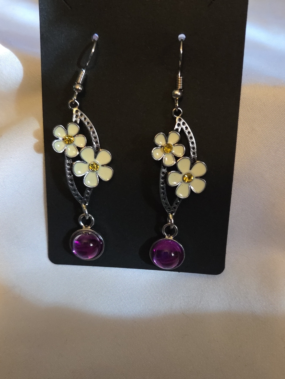 Floral Drop Earrings with Purple Glass Accent